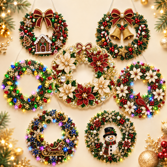 Christmas Diamond Painting Wreath Kit with LED String Lights, Pearl Diamond Art Kit for Adults, DIY Acrylic Christmas Hanging Ornament for Door Wall Window Home Decor Gift