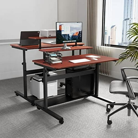 It's_Organized Height Adjustable Portable Computer Desk,41''Rolling Laptop Desk Mobile Standing Desk with Monitor Shelf & Hutch,Teak
