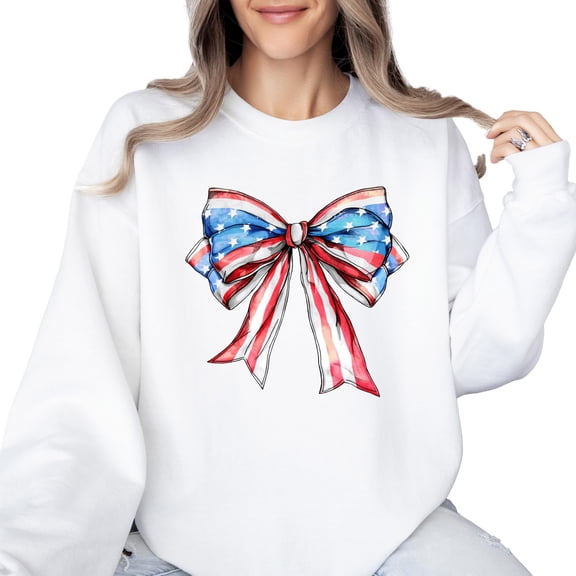 USA Bow Sweatshirt for Women Teens & Kids Trendy 4th of July Crewneck White Sweatshirt Adult Medium