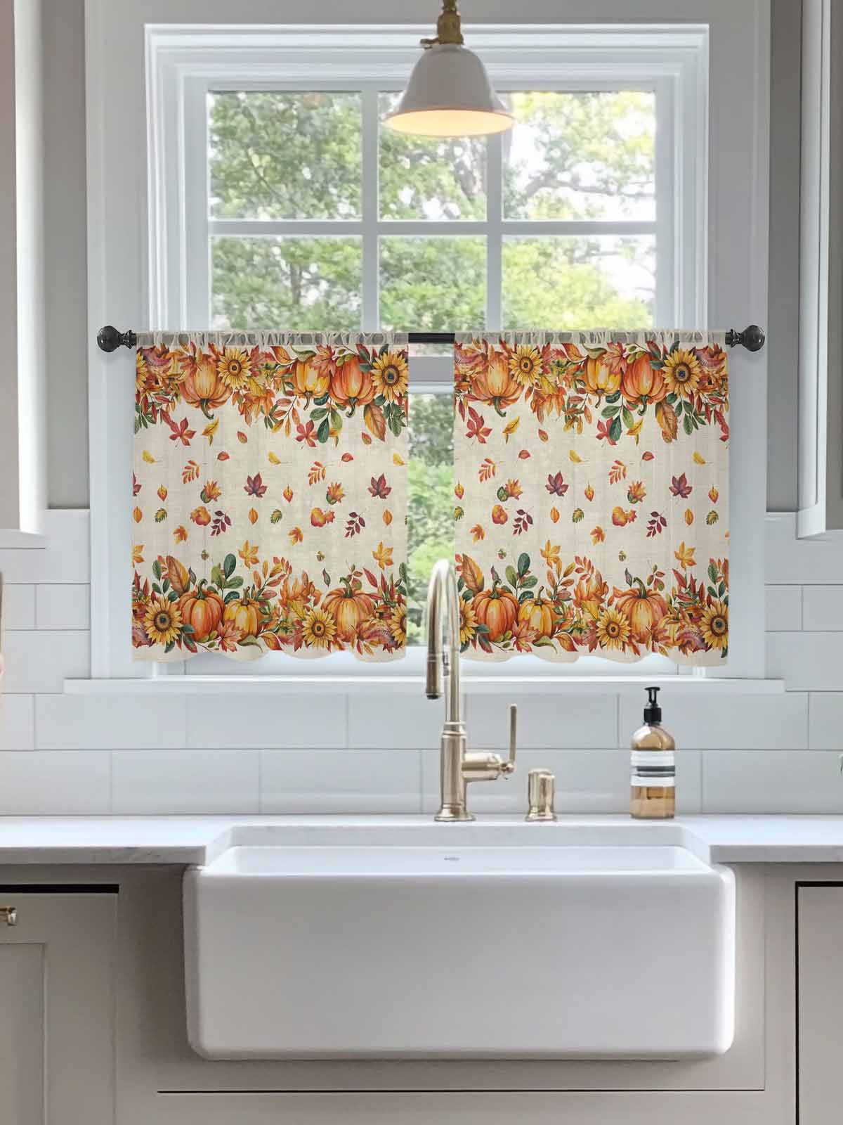 Sheer Curtains 54 inches Long 2 Panels Set Pumpkin Sunflower Fall Maple Leaf Thanksgiving Retro Linen Tiers Sheers Rod Pocket Small Window Short Curtains for Kitchen Cafe, Each 52" W x 54" L