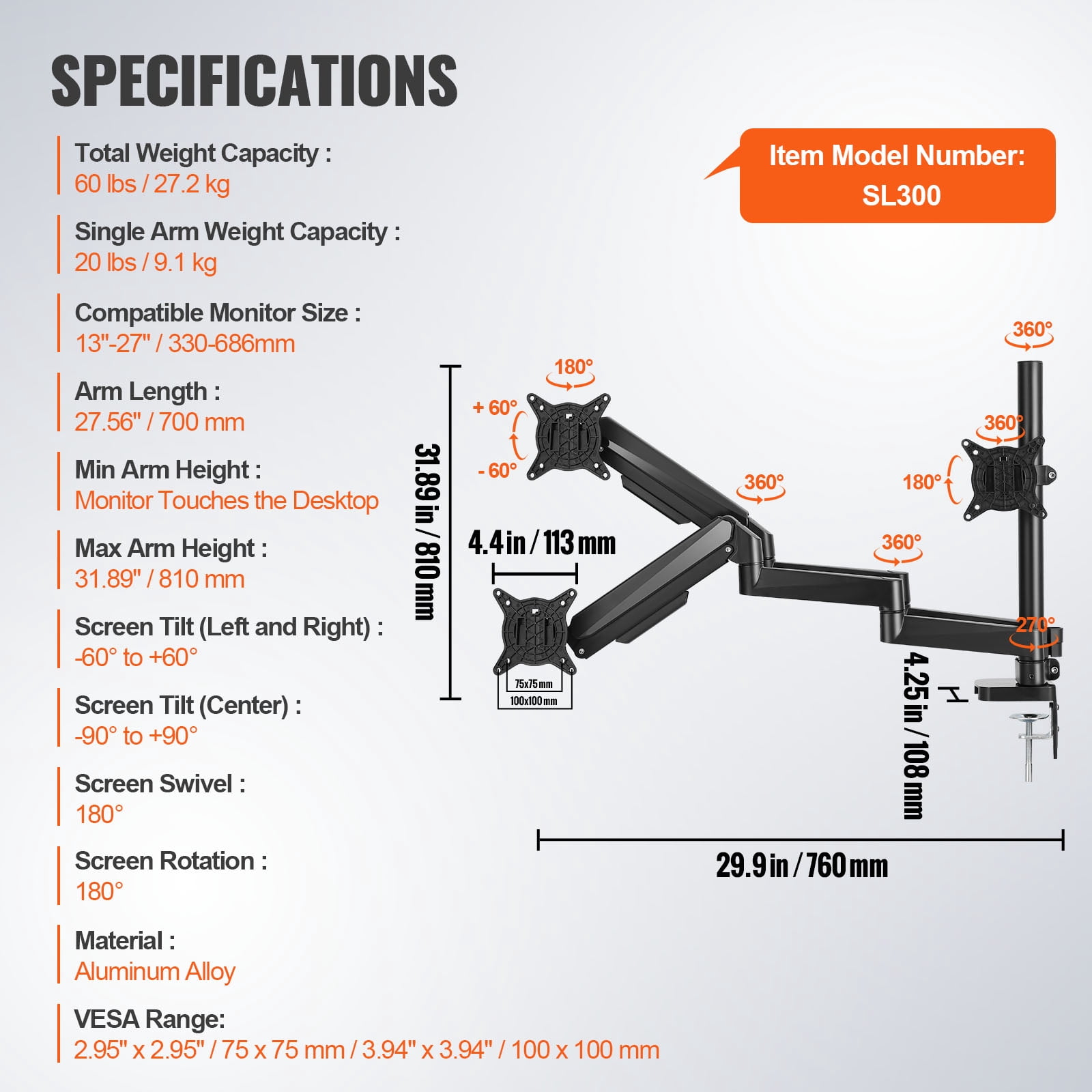 KFFKFF Triple Monitor Arm Mount Desk Stand for 13"-27" Screens up to 20 lbs Each Gas Spring Desk Arms