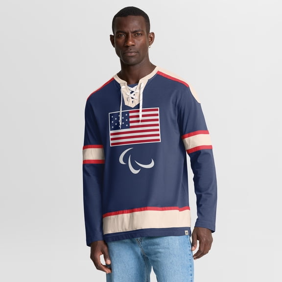 Men's-Fanatics Team USA Navy U.S. Paralympics Lace-Up Long Sleeve T-Shirt