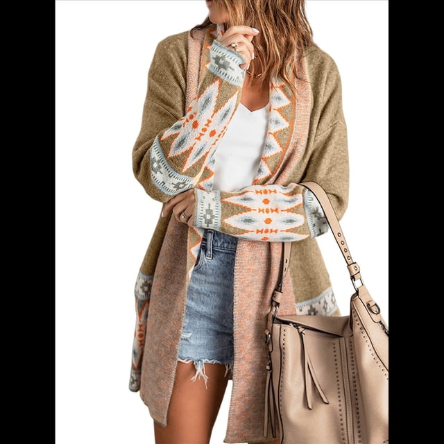 Cárdigan de Punto Extragrande de Larga con Estampado de Colores Contrastantes para Mujer. Caqui L