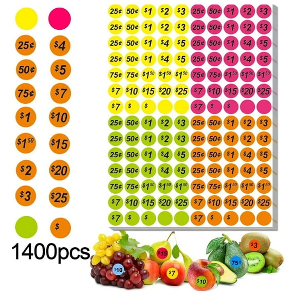 Garage Sale Stickers,Tutuviw 1400Pcs Yard Sale Stickers,Pre-Priced Pricing Labels,Flea Market Pricing Stickers,Round Price Label Stickers Price Tags Stickers for Retail (3/4" in Diameter-A Style)