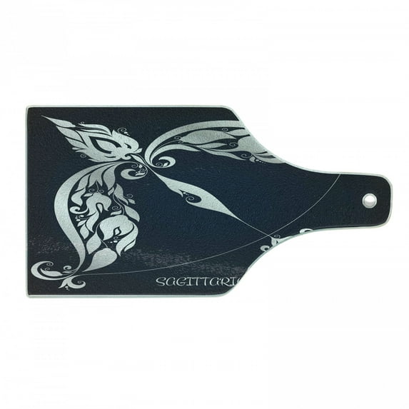 Zodiac Cutting Board, Astrology Sign Sagittarius with Flower Images Planetary Impacts on Nature Theme, Tempered Glass Cutting and Serving Board, Wine Bottle Shape, Grey and Blue, by Ambesonne
