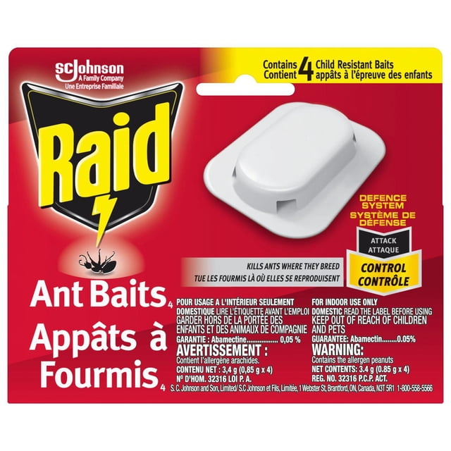 Insecticide Raid Appâts à fourmis Double action, tue la reine et la colonie, à l’épreuve des enfants, 4 unités