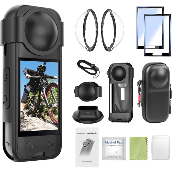 9-in-1 Accessories Kit for Insta360 X5, Included Insta 360 X5 Premium Lens Guard, Carrying Case, 2 Pack of Tempered Glass Film Screen Protector, Silicone Protective Cover and Desktop Mount