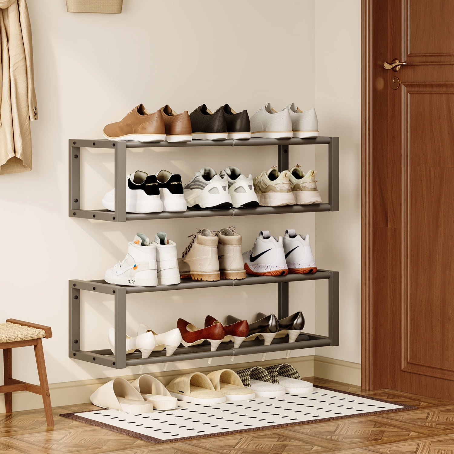 Hanging Shoe Organizer,2 Pack Wall Mounted Shoe Rack Holds 12 Pairs,Space Saving Metal Wall Shoe Rack,Hanging Shoe Rack Shoe Holder for Small Space,Entryway,Closet,RV,Camper（Gray)