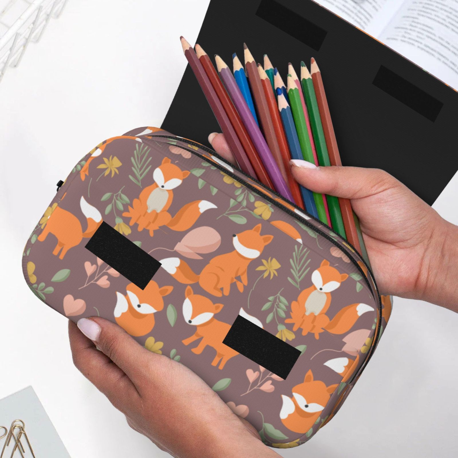 Rateoe Cute Little Fox Pattern Double Clamshell Pen Case, Storage Organizer with Two Zipper Compartments– Holds Up to 50 Pencils & Pens