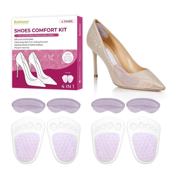 Bukihome Ball of Foot Cushions & Heel Grips Set, Medical Gel Shoe Inserts for High Heels, Metatarsal Pain Relief, Anti-Slip Invisible Design, Unisex