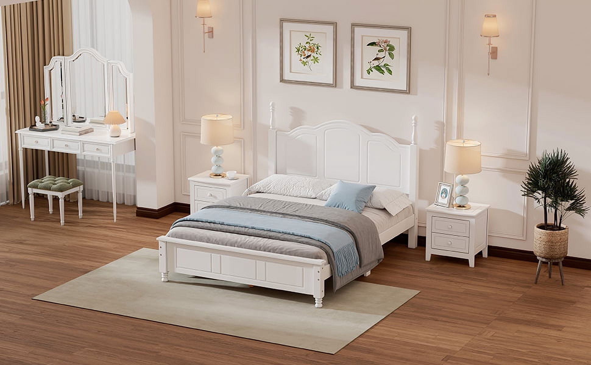 Euroco 3-Pieces Bedroom Set, Solid Wood Full Size Platform Bed with 2 Nightstand, White