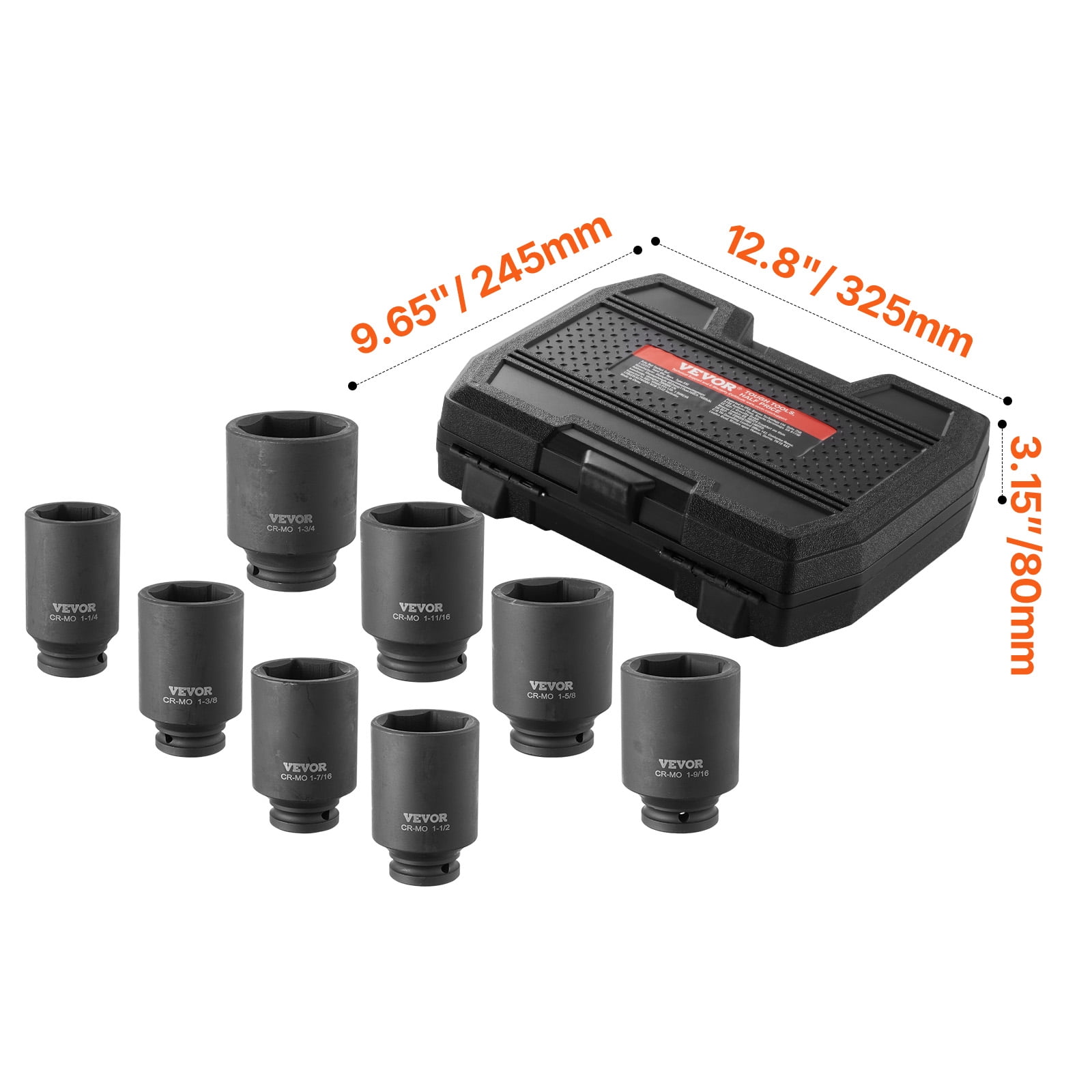 VEVOR Axle Nut Impact Socket Set, 1/2" Drive Deep 12-Point 8-Piece Metric Spindle Nut Socket Set, CR-MO Heat Treated Large Socket Set with Storage Case, Auto Repair, Removing or Installing Axle Nuts