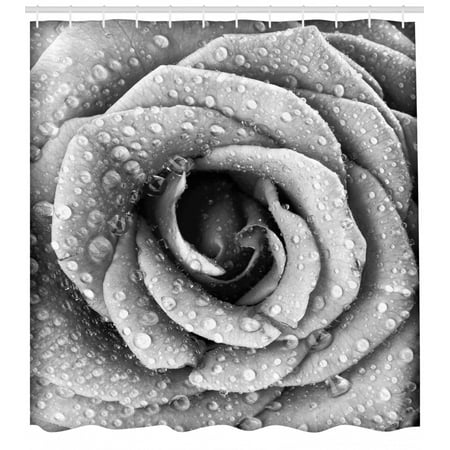 Flower Shower Curtain Retro Romantic Rose Petal Figure With Rain Water Drops Valentines Love Picture Fabric Bathroom Set Hooks Black And