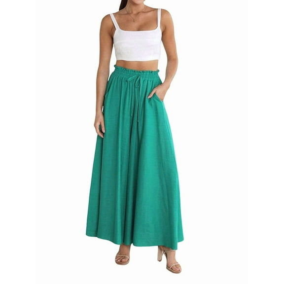 Women Casual High Waist Spring Fall Solid Color Long Wide Leg Pants Casual with Pockets Green XL
