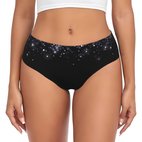Womens Underwear - Black Silver Glitter Border No Show Seamless Underwear for Women, Stretch Women's Panties, Hipster Soft Comfort Ladies Panties Bikini Underwear Briefs