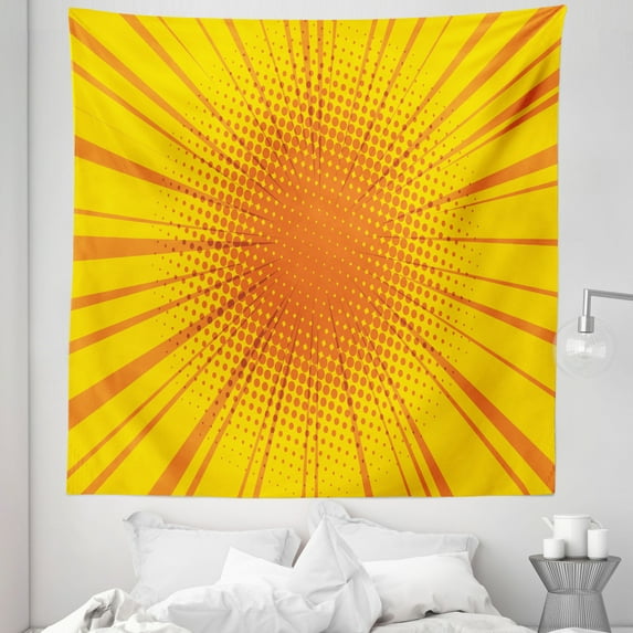 Vintage Yellow Tapestry, Sun Burst with Halftone Effect Comic Book Style and Pop Art Design, Fabric Wall Hanging Decor for Bedroom Living Room Dorm, 5 Sizes, Orange Yellow, by Ambesonne