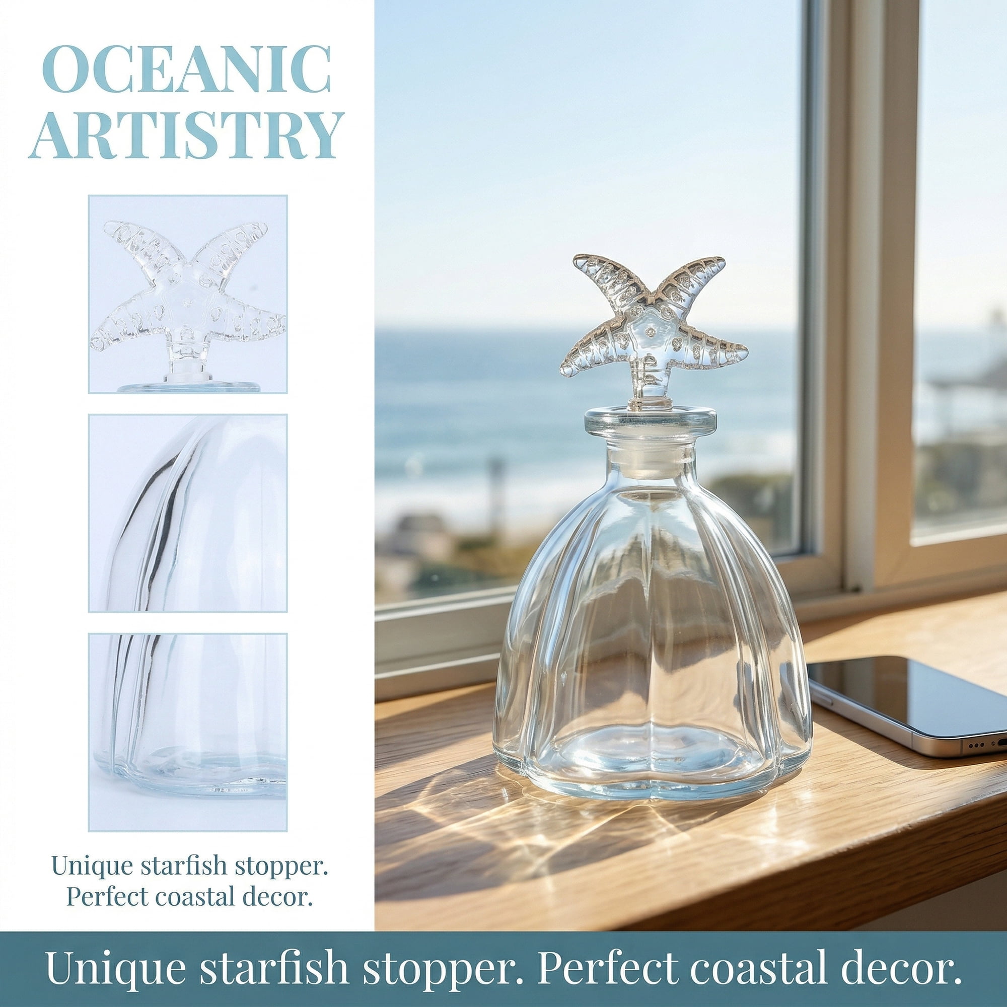 Unique Bargains 2pcs Decorative Glass Jars with Ornate Glass Stoppers Starfish Shaped Snap Cover 3.3"x3.3"x5.9"