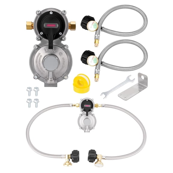 RV 2-Stage Auto Changeover LP Propane Gas Regulator with Dual 18" Pigtail Propane Stainless Braided Hoses & Propane Tank Gauge Ideal for RVs, Campers, Trailers, Vans