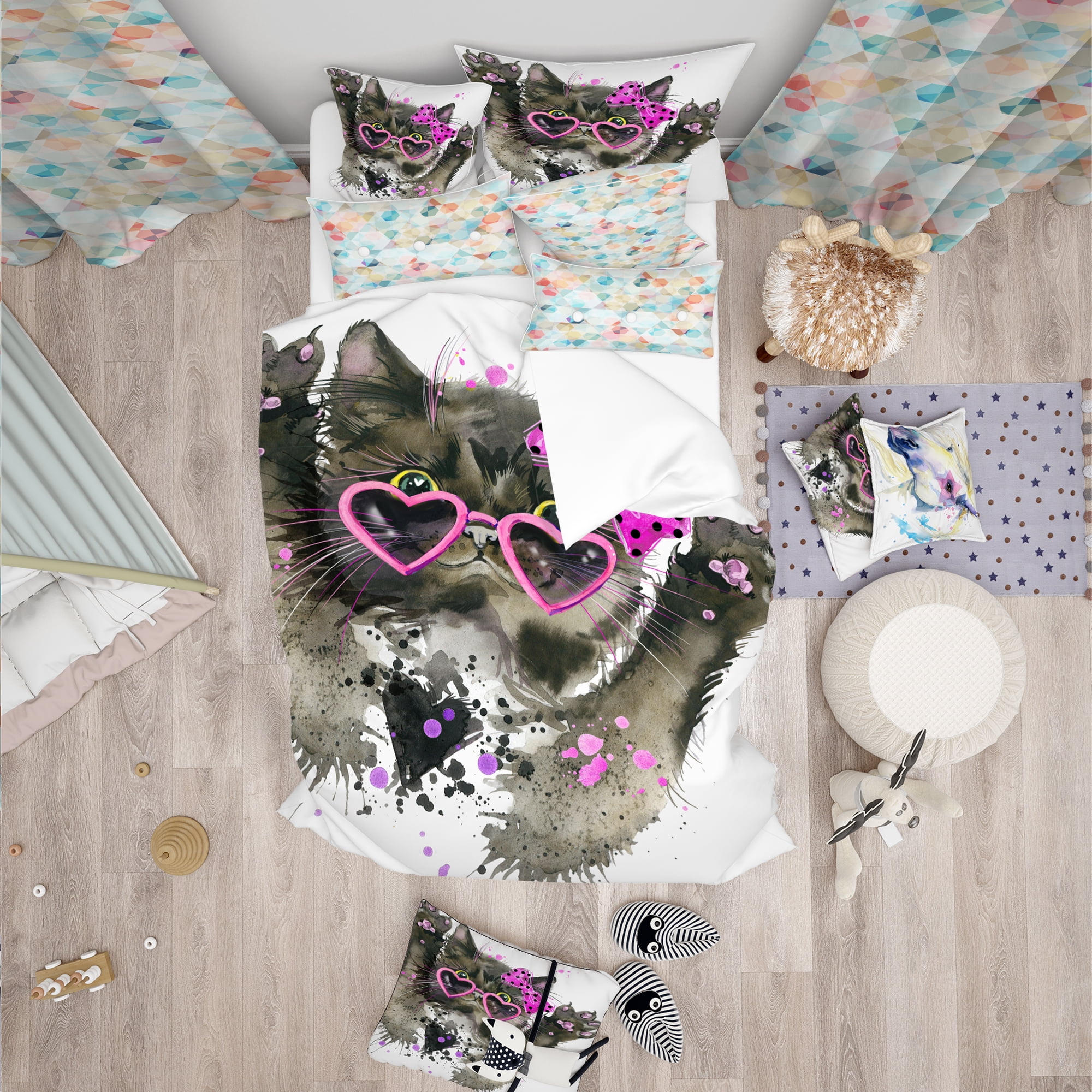 Designart 'Funny Black Cat Illustration' Modern & Contemporary Duvet Cover Set