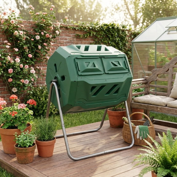 ELLEGNT Dual Chamber Tumbling Composter – 40 Gallon Rotating Compost Bin for Easy Garden Waste Recycling, Green