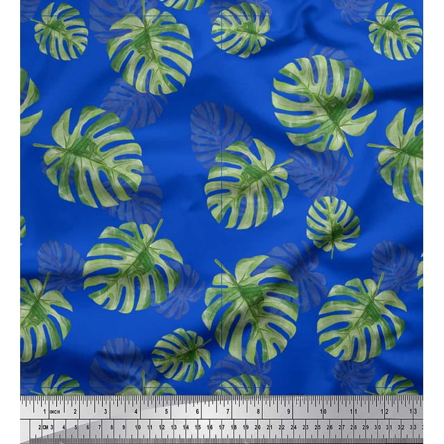 Soimoi Blue polyester Crepe Fabric Monstera Leaves Decor Fabric Printed Yard 52 Inch Wide