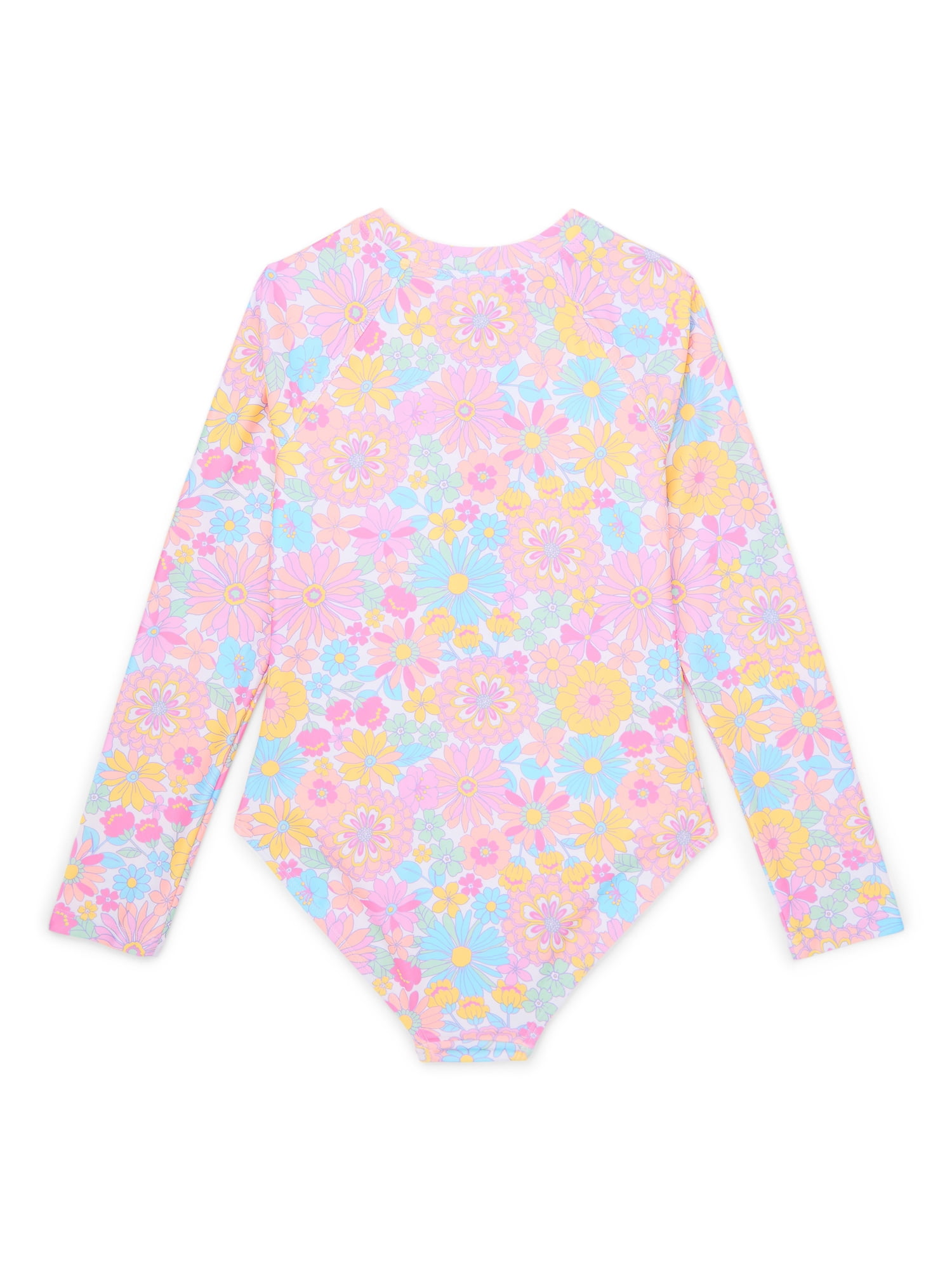 Wonder Nation Girls Long Sleeve Zip-Up Rash Guard One-Piece Swimsuit, Sizes 4-18 & Plus