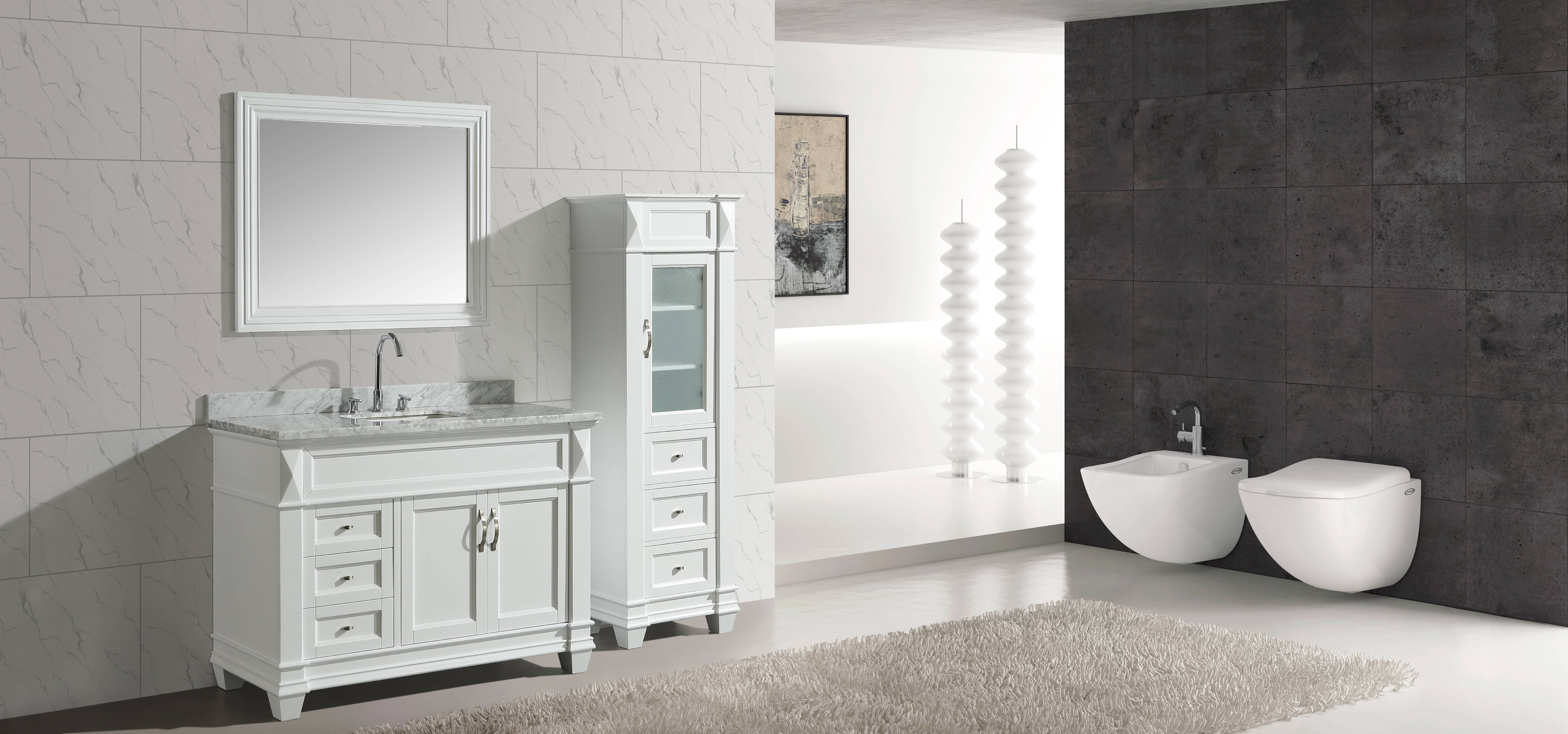 Design Element Hudson 48" Single Sink Bathroom Vanity Set in White with Carrara Marble Top and 65" Linen Tower Cabinet