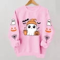 thumbnail image 6 of Xinoom Women Halloween Crewneck Pullover Sweatshirt, Cute Ghost Pumpkin Bat Pattern Long Sleeve Tops, Loose Fit Casual Shirts for Holiday Daily Wear Pink,L, 6 of 8