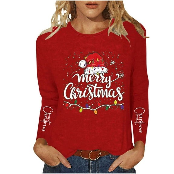 EchfiProm Shirts for Women Long Sleeve Outfits Funny Red Ugly Christmas Xmas Christmas Ladies Blouse Crew Neck