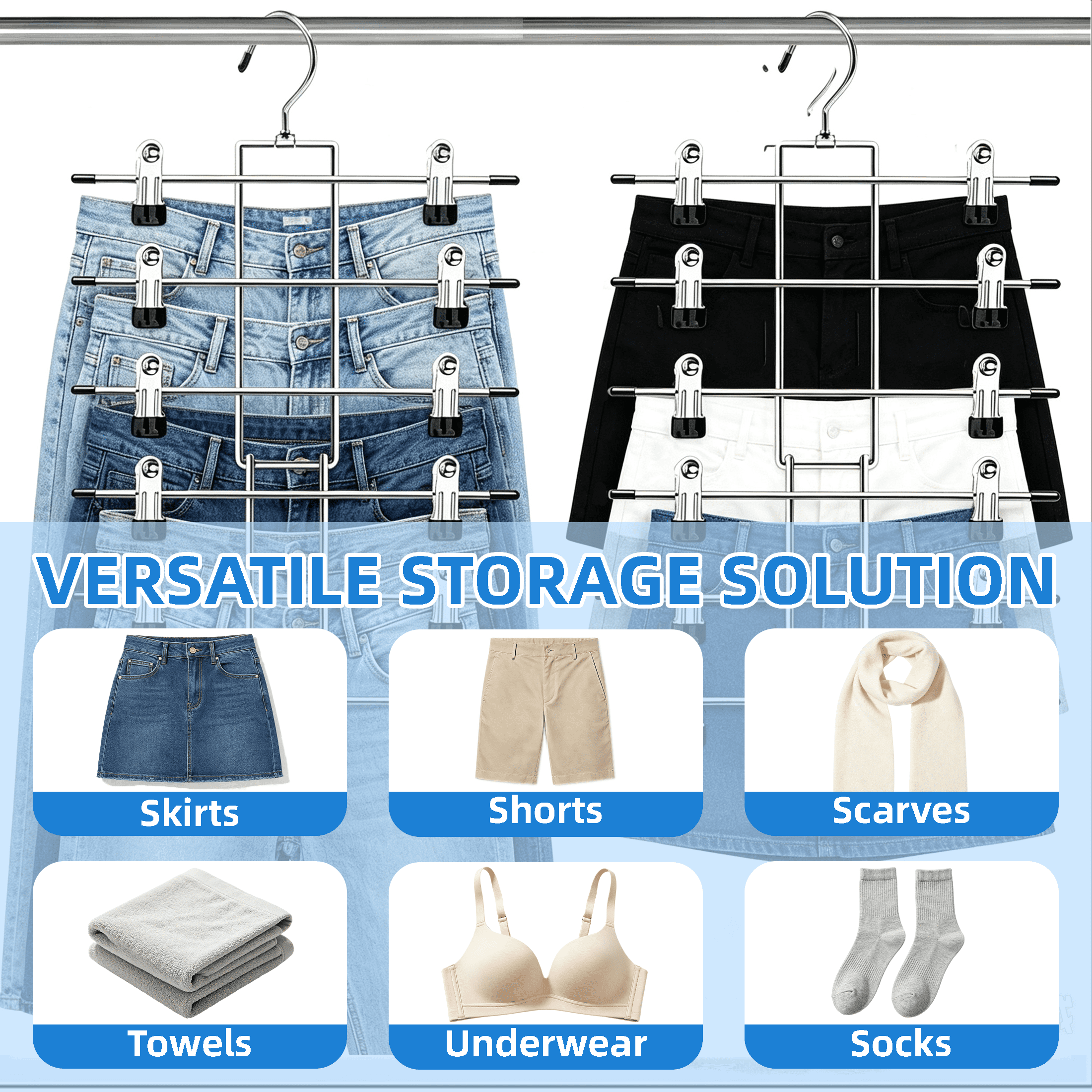 GARITIN 2 Pack Pants Hangers, 6 Tier Skirt Hangers with Non Slip Clips, Foldable Metal Clothes Hanger Organizer for Closet