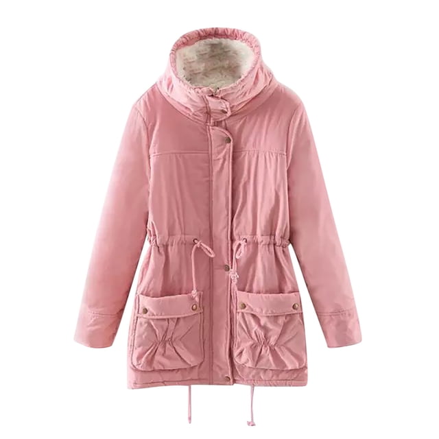 IROINID Women's Mid-Length Anorak Jacket Coat Solid Color Long Sleeve Buttons Pockets Coat Plus Fleece Jacket Outwear Top, Pink