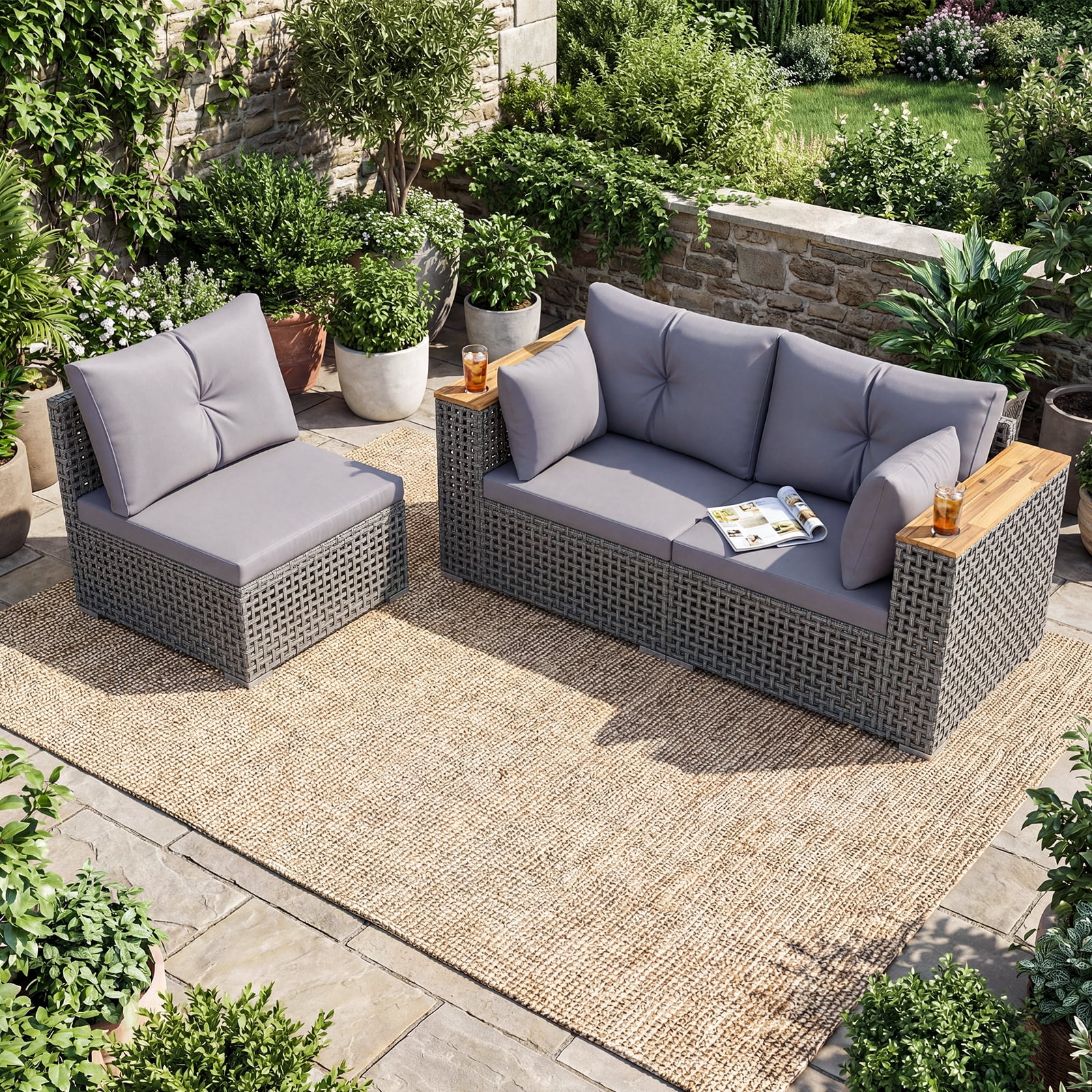 Costway Patio Wicker Sectional Furniture Set, 3 Piece Outdoor Couch Set for Garden Gray