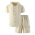 thumbnail image 5 of Men's 2 Pieces Cotton Linen Set Casual Short Sleeve Button up Shirts Hoodie Beach Yoga Cargo Shorts Summer Outfits Size 3XL Khaki, 5 of 5