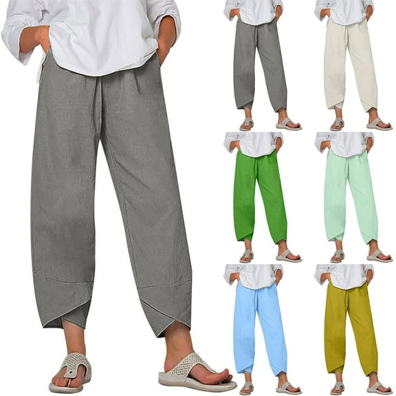 Kmdttou Women Casual Height Trimming And Waist Bouncing Solid Color And Linen Pants Cropped Pants