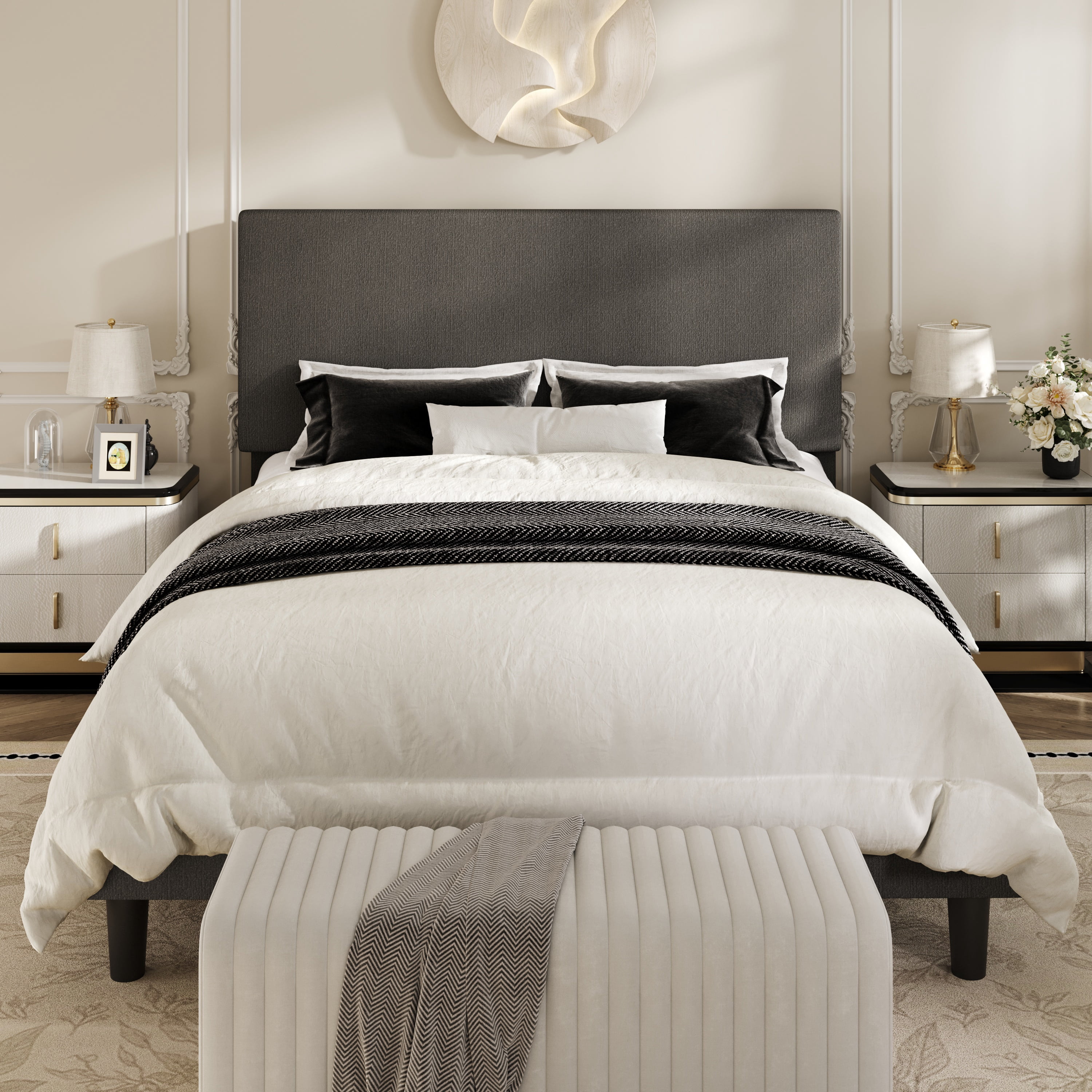 Amolife Queen Bed Frame, Platform Bed Frame with Upholstered Adjustable Headboard, Gray, Nubby Fabric