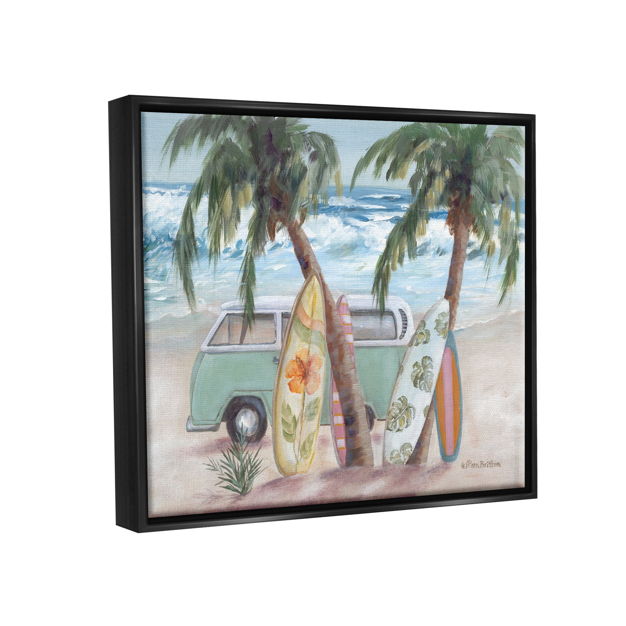 Stupell Summer Waves Tropical Van Surfboards Landscape Painting Black Floater Framed Art Print Wall Art