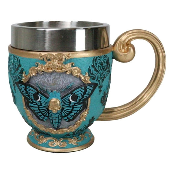 Wicca Turquoise Cameo Golden Lace Scroll Butterfly Moth Skull Tea Cup Mug