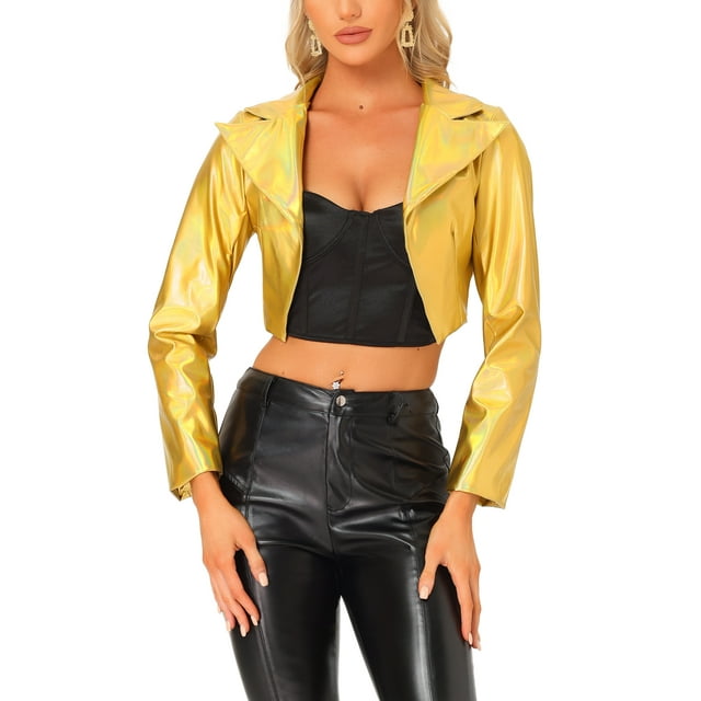 INSPIRE CHIC Veste de Mode pour Femmes à Col Rabattu Manches Longues Métallique Holographique Brillante S Or