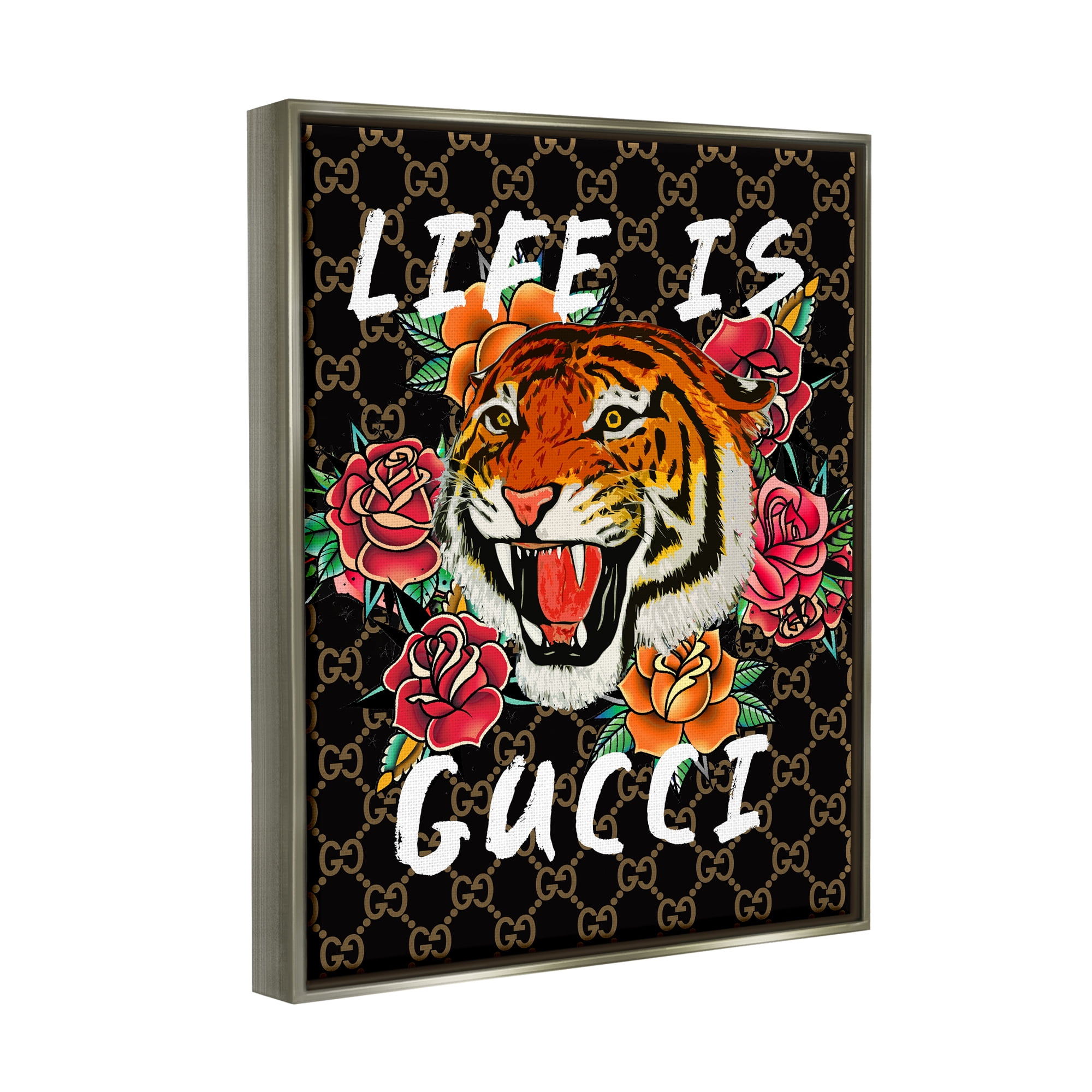 Stupell Industries Glam Tiger & Roses Animals & Insects Painting Gray Floater Framed Art Print Wall Art, 25 x 31