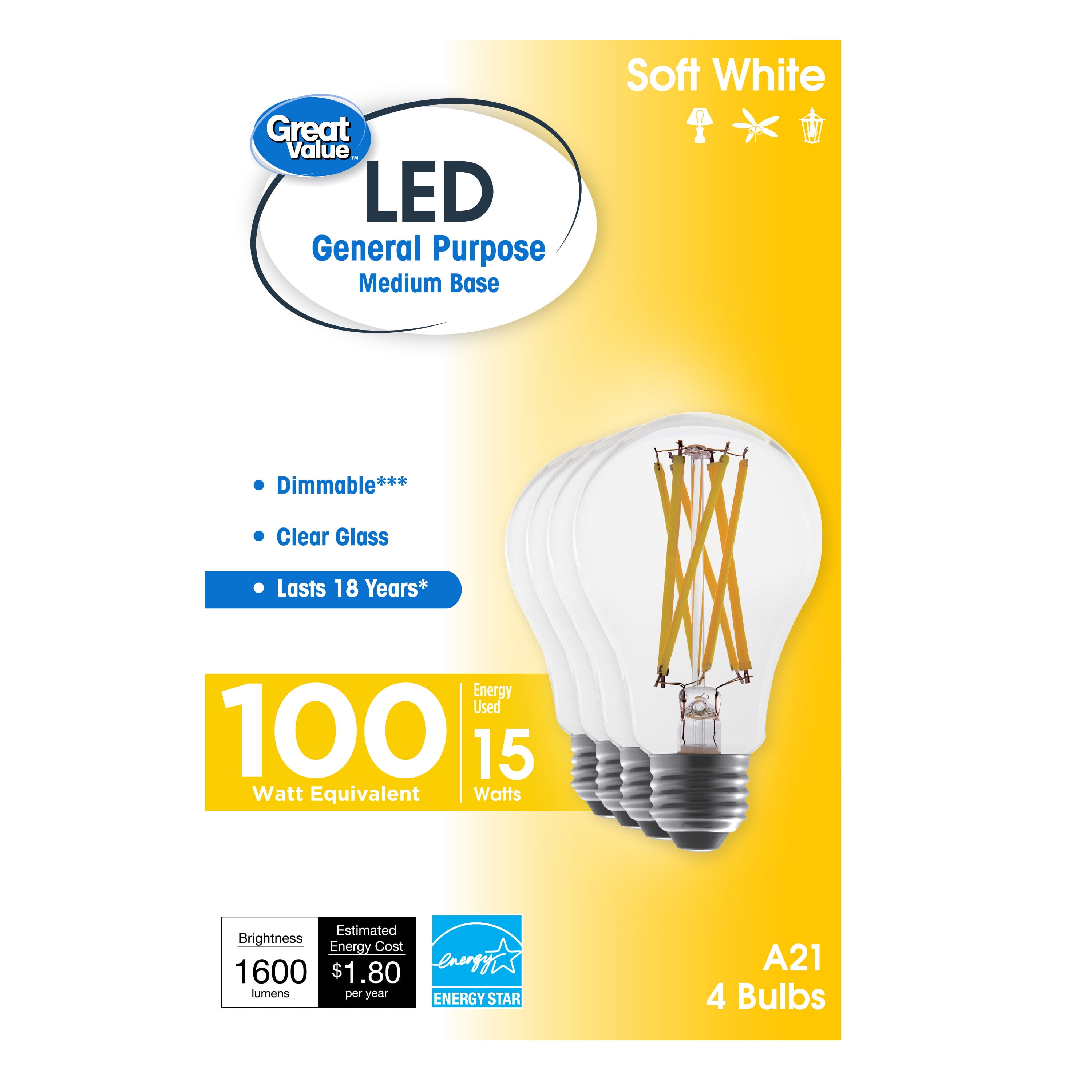 Great Value 18 Year LED Light Bulbs, A21 100 Watts Equivalent, 15 Watts Efficient, Dimmable, Soft White, Clear Glass, 4 Pack