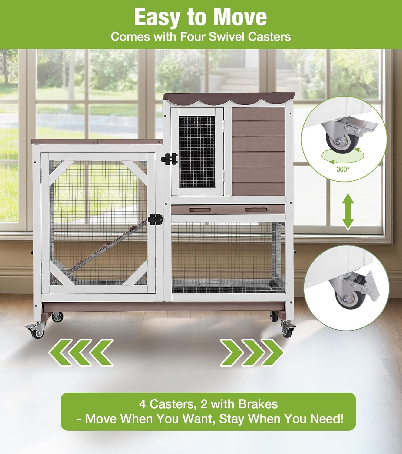 MEDEHOO Duplex Rabbit Hutch Indoor with Chew-Proof Frame & 2 Leak-Proof Sliding Trays, Rain Cover, Wooden Guinea Pig Cages with Wheels - Brown