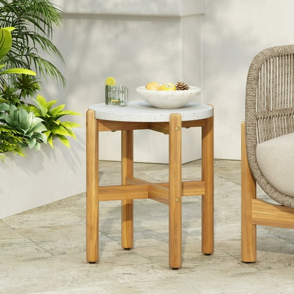 Christopher Knight Home Scandinavian Outdoor Side Table, White Concrete Top, Solid Wood Legs, Teak Finish
