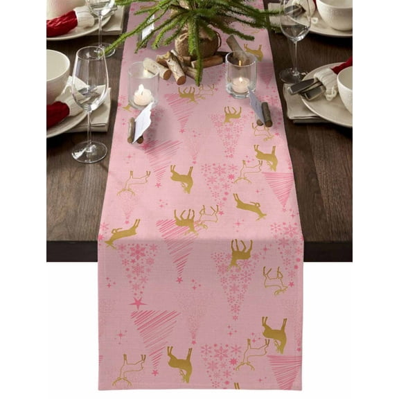 Christmas Table Runner Golden Reindeer Table Runners Pink Xmas Tree Snowflake Cotton Linen Dresser Scarf Kitchen Dining Table Decor for Christmas Holiday Party Decor 13x90 Inch