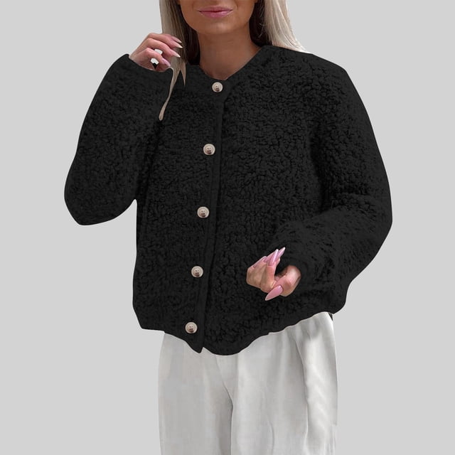 Puntoco Chaqueta De Color Liso Para Mujer Con Botones De Felpa Y Mangas Largas Con Capucha, Ropa Informal Para Exteriores