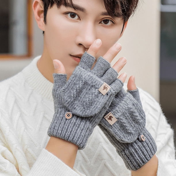 Guantes de hombre de medio dedo con solapa, cálidos, resistentes al frío, con etiquetado, de moda, tejidos de lana, para invierno, para estudiantes, para escribir, con dedos faltantes