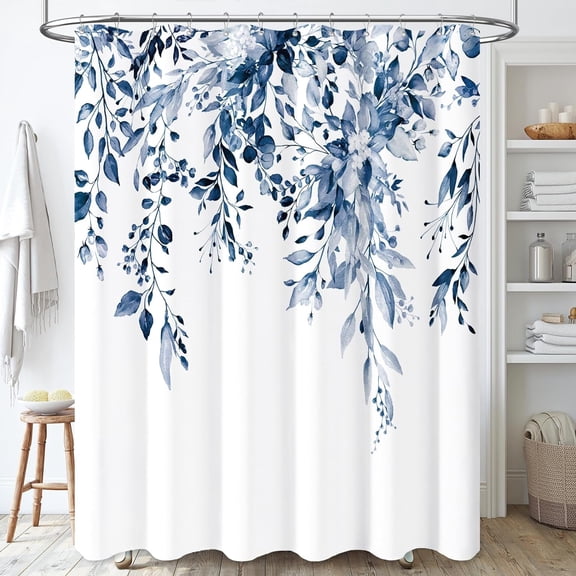 Eucalyptus Plant Shower Curtain, Floral Fabric Shower Curtain Set with 12 Plastic Hooks, Water Resistant, Watercolor Leaves Botanical Natural Shower Curtains for Bathroom, 72x72, Navy Blue