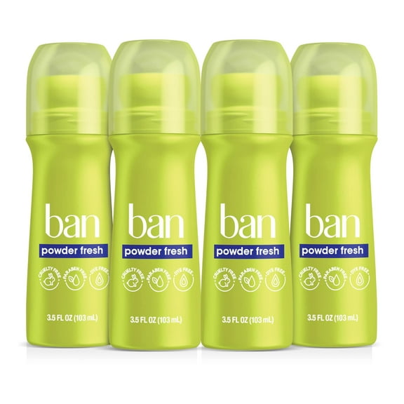 Ban Powder Fresh 24-hour Invisible Antiperspirant, Roll-on Deodorant for Women and Men, Underarm Wetness Protection, with Odor-fighting Ingredients, 3.5 Fl Oz (Pack of 4)