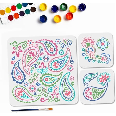 3Pcs Paisley Stencils Vintage Mandala Paisley Stencils DIY for Painting 11.8×11.8/5.9×5.9inch Floral Border Art Craft Templates with Paint Brush DIY for Window Wood Wall Home Gift Decor