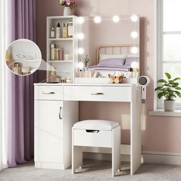Conate Modern Vanity Desk Set with Lighted Mirror, Makeup Vanity Table with Power Strip, Stool, Storage Cabinet & Large Drawers, White