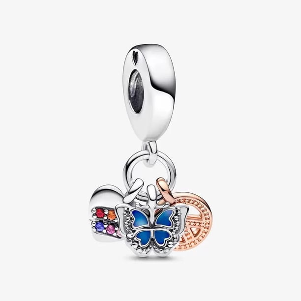 Charms Pandora bitone Rainbow Heart, Butterfly & Peace Triple Dangle,Blue ButterflySparkling & Quote Double Dangle Charm perlas regalo de joyería Gao Jiahui unisex